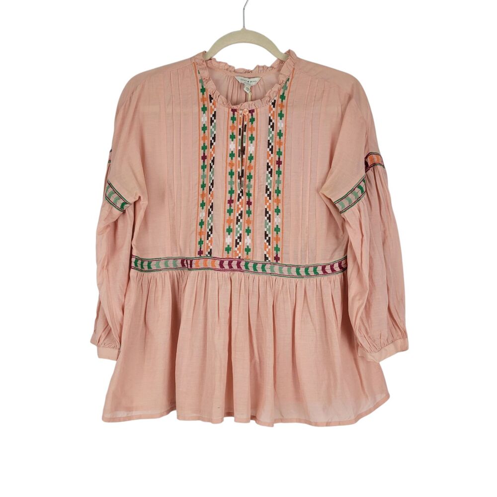 Lucky Brand Top Womens Small BOHO Peasant Peach Woven Embroidered Blouse NWT $99